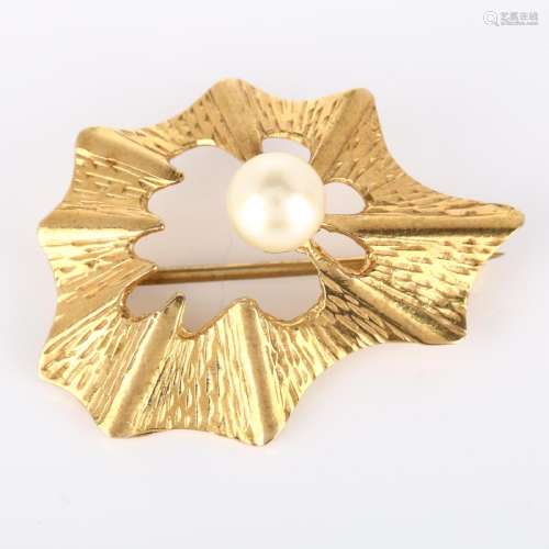 A mid-20th century 9ct gold cultured pearl abstract brooch, ...