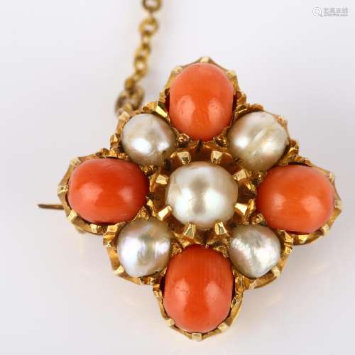 A 19th century coral and pearl brooch, unmarked gold quatref...