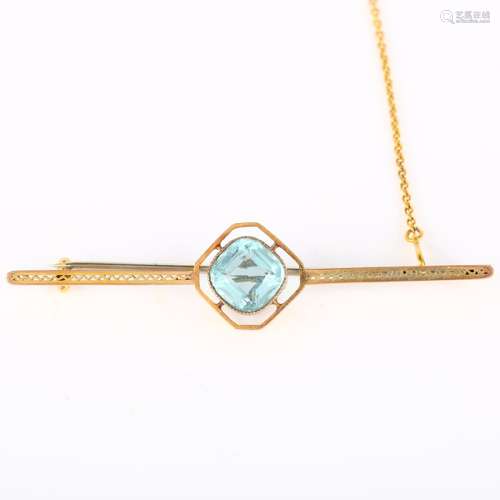 An Art Deco 9ct gold blue topaz bar brooch, pierced openwork...