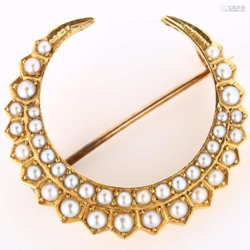 A Victorian 15ct gold pearl crescent moon brooch, set with s...