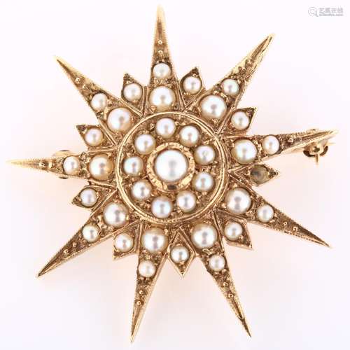 A large Victorian pearl 9-rayed starburst pendant/brooch, un...