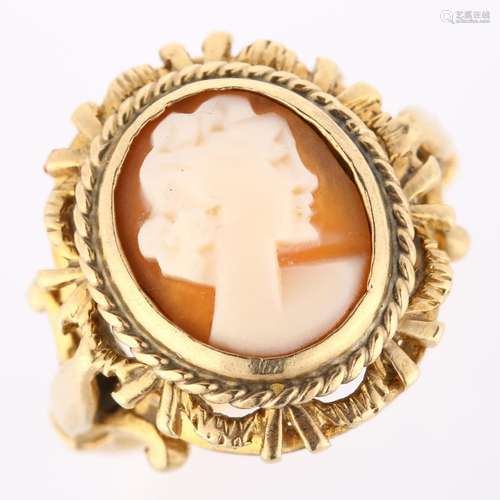 A late 20th century 9ct gold shell cameo ring, relief carved...