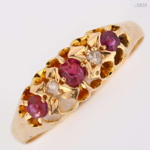 An early 20th century 18ct gold graduated five stone ruby an...