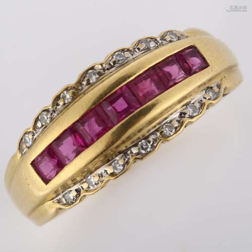 An 18ct gold ruby and diamond dress ring, set with square-cu...