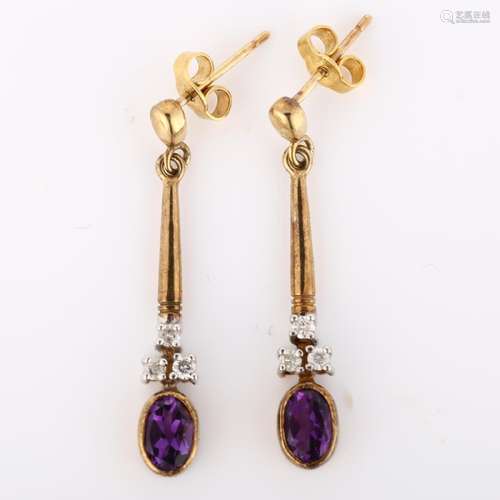 A pair of amethyst and diamond pendant earrings, unmarked go...