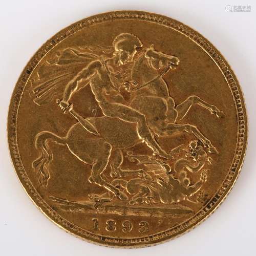 A Victoria 1893 gold full sovereign coin, 7.9g High points q...