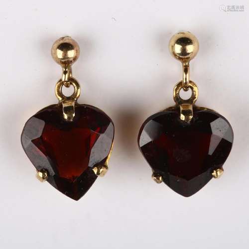 A pair of mid-20th century 9ct gold garnet heart earrings, s...