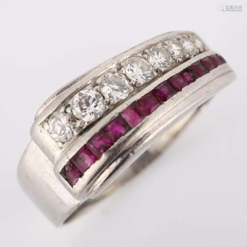 An Art Deco platinum ruby and diamond dress ring, set with s...