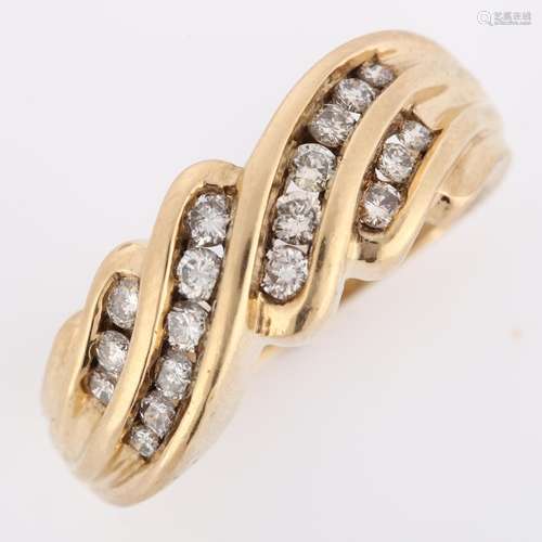 A large 9ct gold diamond crossover band ring, set with moder...