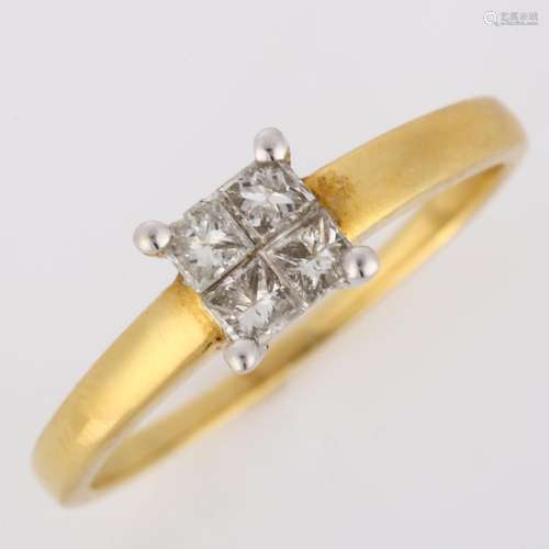 A modern 18ct gold diamond cluster ring, set with Princess-c...