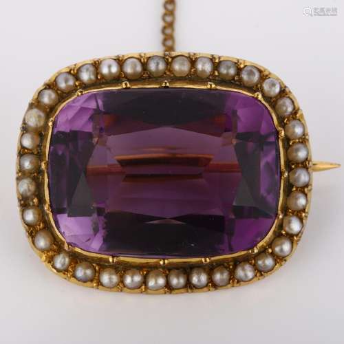 A Victorian 9ct gold amethyst and pearl cluster brooch, set ...