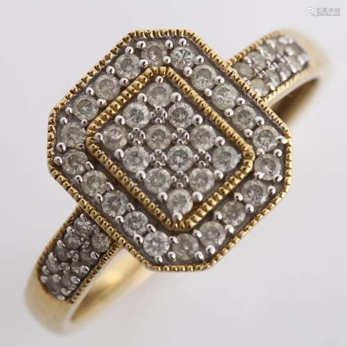 A modern 9ct gold diamond cluster panel ring, set with moder...