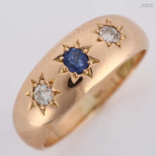 An early 20th century 15ct rose gold three stone sapphire an...