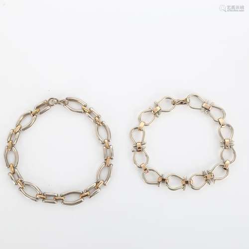 2 Peruvian silver and 18ct gold fancy link chain bracelets, ...