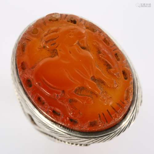 A large Eastern silver carnelian Sagittarius cameo ring, set...