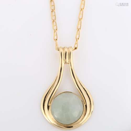 A modern 9ct gold jade pendant necklace, on 9ct anchor link ...
