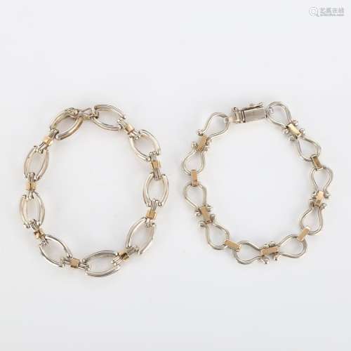 2 Peruvian silver and 18ct gold fancy link chain bracelets, ...