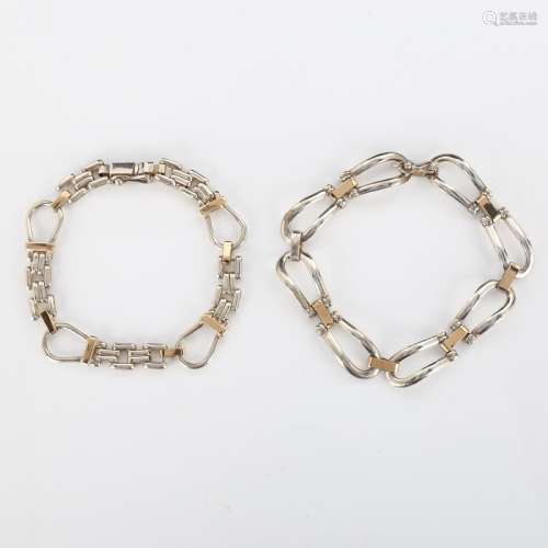 2 Peruvian silver and 18ct gold fancy link chain bracelets, ...