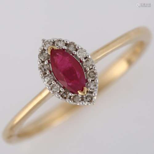 A modern 9ct gold ruby and diamond marquise cluster ring, se...