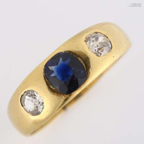 An early 20th century three stone synthetic sapphire and dia...