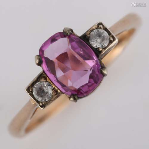 A three stone synthetic pink and white sapphire dress ring, ...