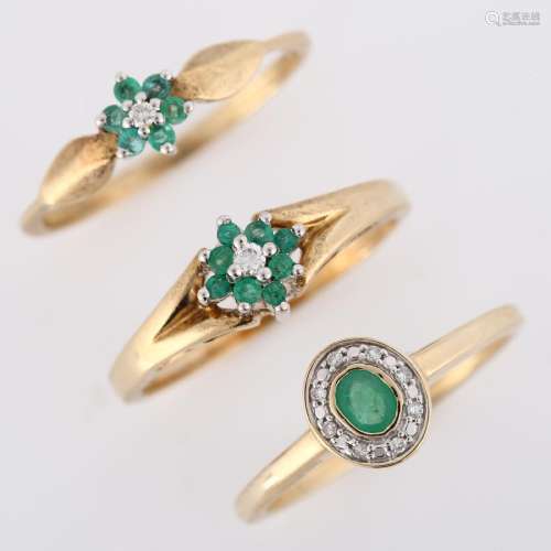 3 x 9ct gold emerald and diamond dress rings, sizes M, and N...
