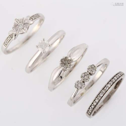 5 x 9ct white gold diamond rings, sizes L, N x 2, O and Q, 9...