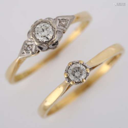 2 x 18ct gold solitaire diamond rings, sizes P and Q, 4.3g t...