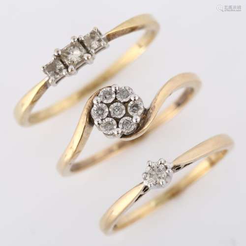 3 x 9ct gold diamond rings, sizes P, S and U, 5.9g total (3)...