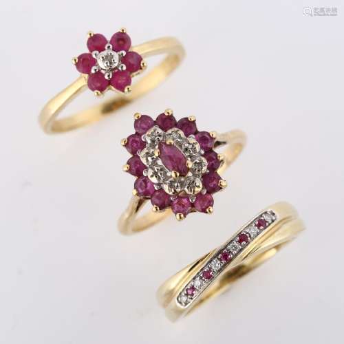 3 x 9ct gold ruby and diamond dress rings, sizes N x 2, and ...