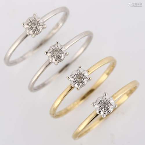 4 x 9ct gold solitaire diamond stacker rings, sizes M, and N...