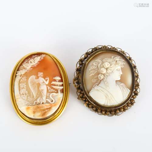 2 x 19th century shell cameo brooches, unmarked yellow metal...