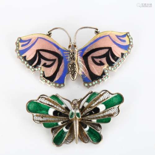 2 silver and enamel butterfly brooches, largest wingspan 66....