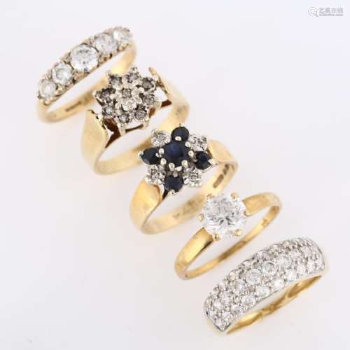 5 x 9ct gold stone set rings, sizes N x 4, and P, 13.8g tota...