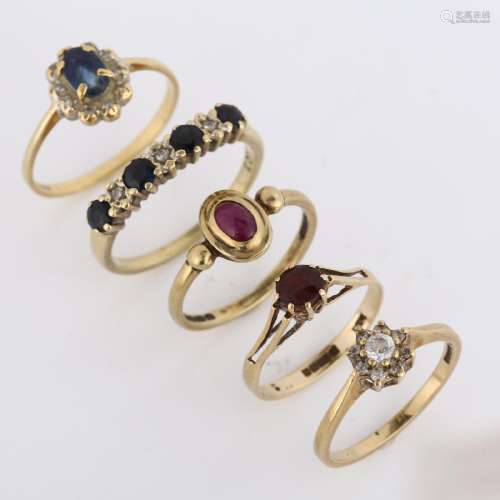 5 gold stone set rings, comprising 18ct sapphire and diamond...