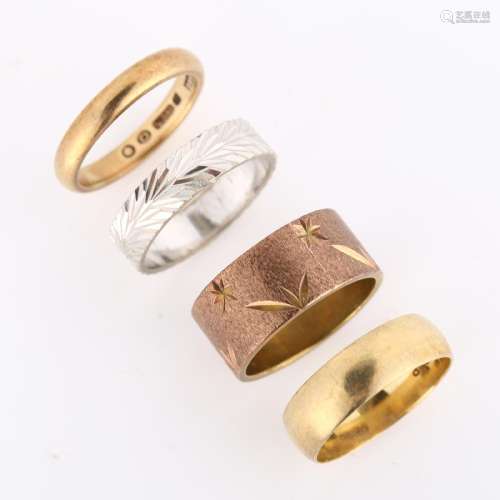 4 x 9ct gold wedding band rings, sizes L x 2, and N x 2, 15....
