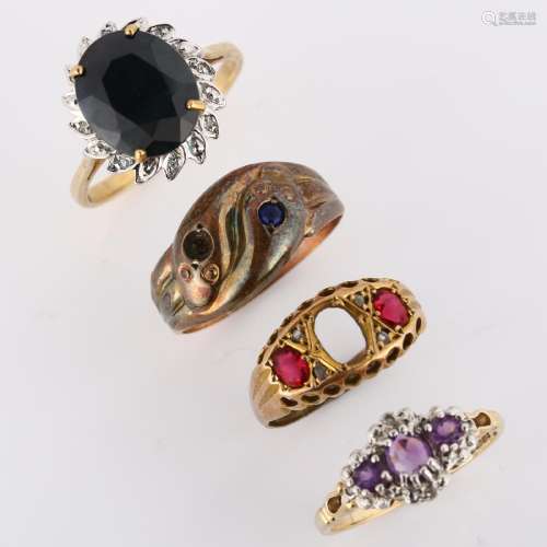 4 x 9ct gold stone set rings, including snake example, sizes...