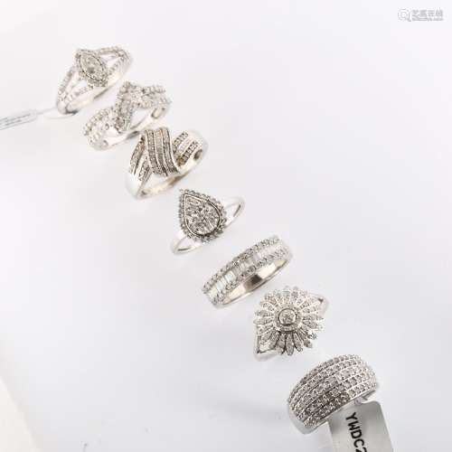 7 modern silver diamond dress rings, sizes N x 4, and O x 3,...