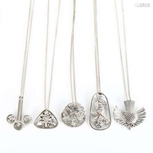 A set of 5 Scottish pewter Country Series pendant necklaces,...