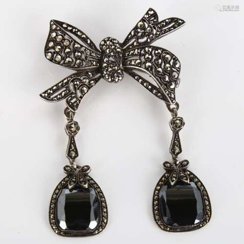 A Vintage silver hematite and marcasite bow drop brooch, hei...