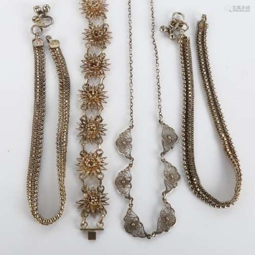 Various silver jewellery, comprising 3 bracelets and 1 neckl...