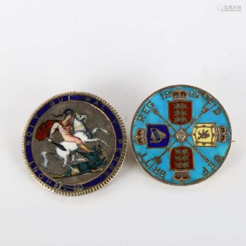 2 Antique novelty enamel coin brooches, comprising George II...