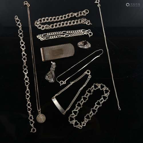 Various silver jewellery, including money bag pendant, money...