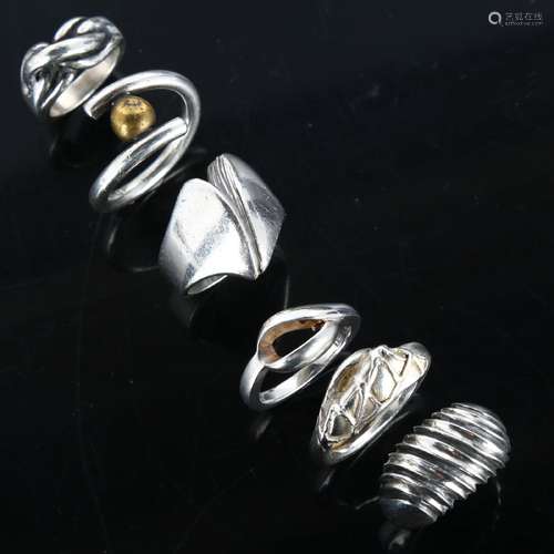 6 Danish sterling silver rings, sizes, H, N x 2, and P x 2, ...