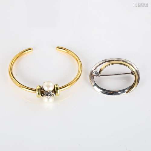 2 pieces of Danish silver jewellery, comprising 18ct gold on...