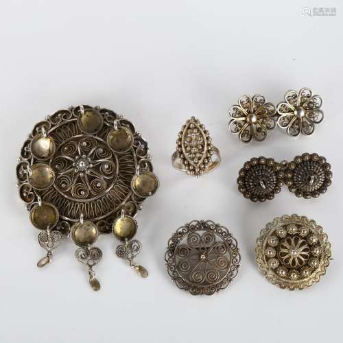 Various Norwegian silver Folk Art jewellery, including brooc...