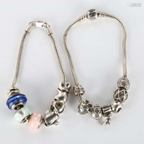 2 modern silver snake link charm bracelets and various charm...