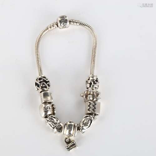 PANDORA - a modern sterling silver snake link charm bracelet...