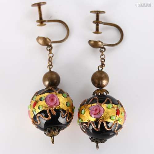 A pair of Venetian Murano glass bead earrings, with gilt-met...