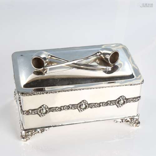 An American silver plate combination pipe/tobacco box, recta...